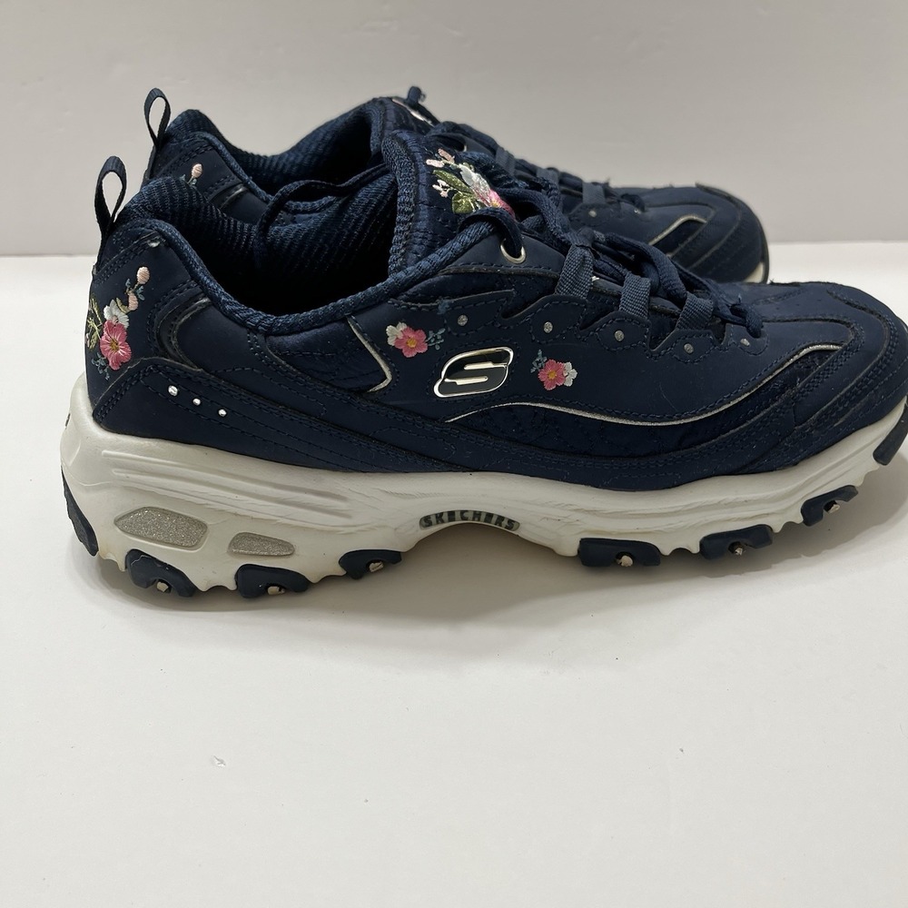 Skechers D'Lites Bright Blossoms Navy Blue Floral Embroidery Lace-Up Women's 9.5
